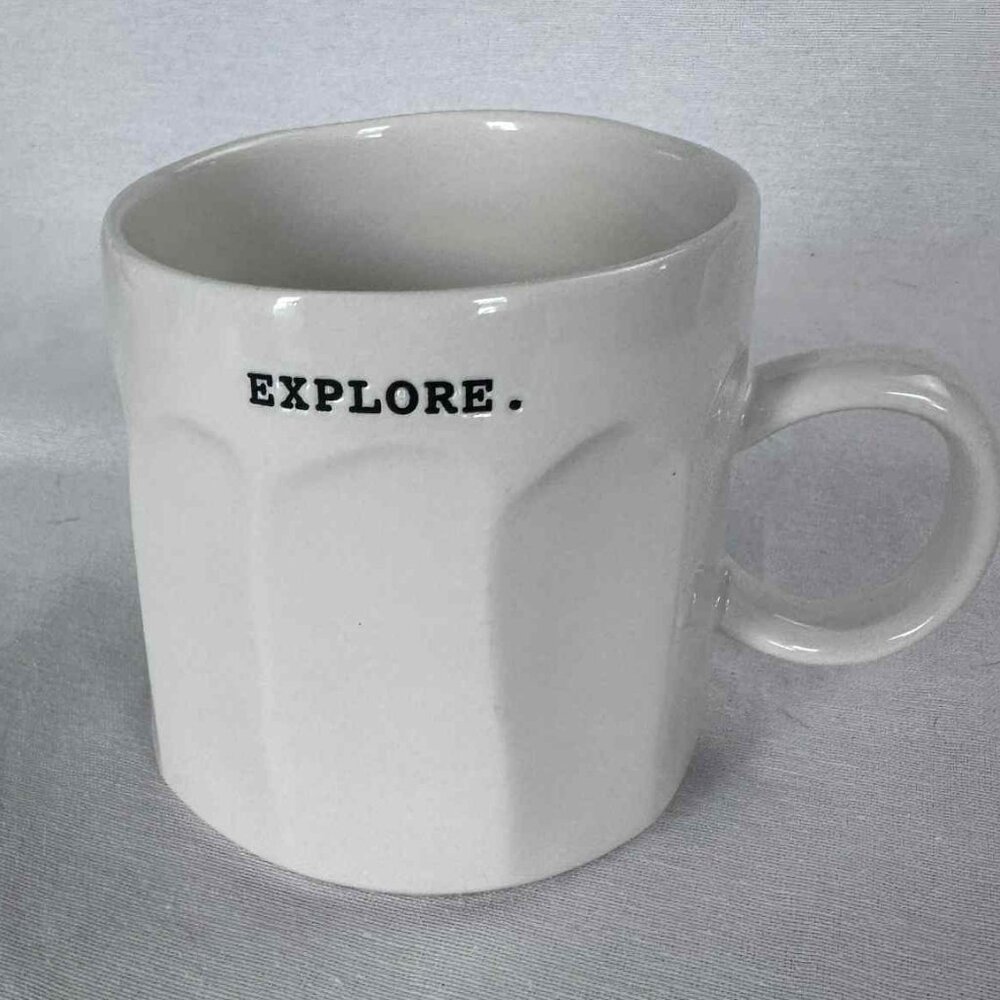 White Ceramic‎ Mug “EXPLORE.” | Faceted Minimalist Coffee Cup | Modern Neutral